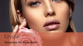  Presentation with glamour - Beautiful slide deck featuring beautiful young fashion woman with red lipstick glamour fashion model with bright gloss make-up posing at studio closeup beauty portrait with a flower light pink rose backdrop and a red colored foreground