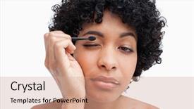  Presentation with eye shadow - Cool new theme with beautiful young female applying make-up while putting on eye-shadow backdrop and a coral colored foreground