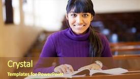  Presentation with college - Presentation with christmas holidays and people concept - happy couple in santa hats with gift boxes sitting on sofa at home background and a coral colored foreground