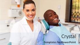  Presentation with african american patient - PPT theme consisting of beautiful young female dentist background and a light blue colored foreground