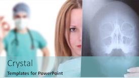  Presentation with xrays - Colorful theme enhanced with beautiful young female doctor holding up xrays with her medical assistant on background backdrop and a light blue colored foreground