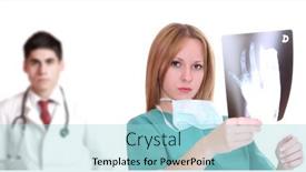  Presentation with xrays - Slide deck featuring beautiful young female doctor holding up xrays with her medical assistant on background background and a light blue colored foreground