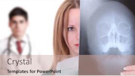  Presentation with xrays - PPT layouts with beautiful young female doctor holding up xrays with her medical assistant on background background and a coral colored foreground