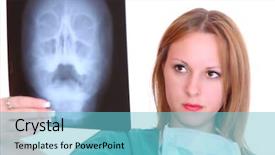  Presentation with xrays - Cool new PPT theme with beautiful young female doctor holding up xrays backdrop and a light blue colored foreground