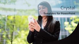  Presentation with female - Presentation with beautiful-young-female-manager-using and a light blue colored foreground