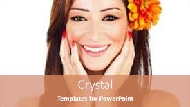  Presentation with hair spa - Theme consisting of beautiful young female portrait with red flower in hair hands touching clean face isolated on white background with text space beauty and spa concept background and a coral colored foreground