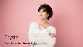  Presentation with pretty girl - Cool new PPT theme with beautiful-young-female-posing backdrop and a coral colored foreground