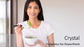  Presentation with vegetarian - Presentation theme consisting of beautiful young female vegetarian eating background and a white colored foreground