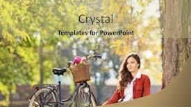  Presentation with lens - Presentation design featuring beautiful young female with bicycle sitting in park and looking at camera shot with a tilt and shift lens background and a soft green colored foreground