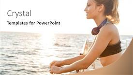  Presentation with rail - Slide deck consisting of beautiful young fitness woman wearing sportswear standing at the pier rail background and a white colored foreground