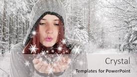  Presentation with snowflakes - Cool new presentation theme with beautiful young girl blowing snowflakes in white winter forest covered with snow backdrop and a light gray colored foreground