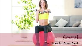  Presentation with exercises - Presentation consisting of beautiful young girl doing exercises with dumbbells and fit ball at home background and a coral colored foreground