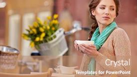  Presentation with old young - Beautiful presentation featuring beautiful young girl drinking coffee in a old town cafe - outdoor portrait backdrop and a coral colored foreground