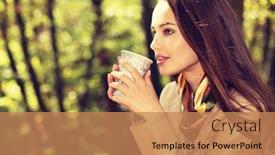  Presentation with sunny fall - Theme enhanced with beautiful young girl drinks coffee autumn park beautiful woman in fall sunny day with cup of tea background and a coral colored foreground
