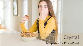  Presentation with muffins - Beautiful PPT theme featuring beautiful-young-girl-eating-chocolate backdrop and a coral colored foreground
