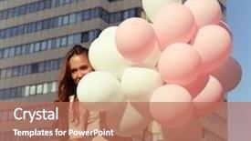  Presentation with rise - Beautiful presentation design featuring beautiful young girl holding colored balloons over high-rise building urban teenage background toned backdrop and a coral colored foreground