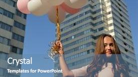  Presentation with rise - Presentation theme featuring beautiful young girl holding colored balloons over high-rise building urban teenage background toned background and a teal colored foreground
