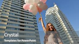  Presentation with rise - Presentation consisting of beautiful young girl holding colored balloons over high-rise building urban teenage background toned background and a gray colored foreground