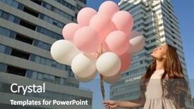  Presentation with high rise building - PPT theme enhanced with beautiful young girl holding colored balloons over high-rise building urban teenage background toned background and a dark gray colored foreground