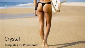  Presentation with waves - Slide deck enhanced with beautiful young girl holding a surfboard and checking the waves background and a coral colored foreground