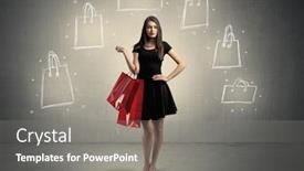  Presentation with beautiful young girl red - PPT theme consisting of beautiful young girl in black standing with red shopping bags in front of brown background wall and drawing illustration concept background and a gray colored foreground