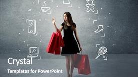  Presentation with beautiful young girl red - PPT theme consisting of beautiful young girl in black standing with red shopping bags in front of urban wall background and laptop shoes tennis icons concept background and a gray colored foreground