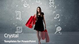  Presentation with tennis shoes - Amazing PPT layouts having beautiful young girl in black standing with red shopping bags in front of urban wall background and laptop shoes tennis icons concept backdrop and a gray colored foreground