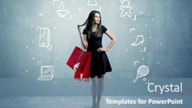  Presentation with tennis shoes - Colorful PPT theme enhanced with beautiful young girl in black standing with red shopping bags in front of urban wall background and laptop shoes tennis icons concept backdrop and a seafoam green colored foreground
