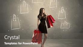  Presentation with beautiful young girl red - Presentation theme consisting of beautiful young girl in black standing with red shopping bags in front of brown background wall and drawing illustration concept background and a gray colored foreground