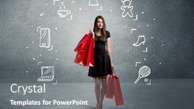  Presentation with tennis shoes - Cool new presentation with beautiful young girl in black standing with red shopping bags in front of urban wall background and laptop shoes tennis icons concept backdrop and a gray colored foreground