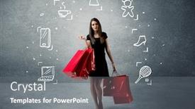  Presentation with tennis shoes - Audience pleasing slides consisting of beautiful young girl in black standing with red shopping bags in front of urban wall background and laptop shoes tennis icons concept backdrop and a gray colored foreground