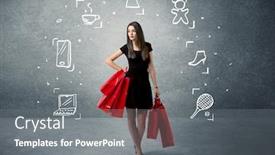  Presentation with tennis shoes - Beautiful presentation theme featuring beautiful young girl in black standing with red shopping bags in front of urban wall background and laptop shoes tennis icons concept backdrop and a gray colored foreground