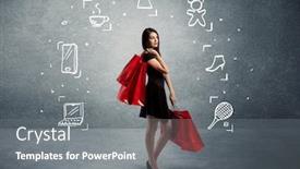  Presentation with tennis shoes - Beautiful slide deck featuring beautiful young girl in black standing with red shopping bags in front of urban wall background and laptop shoes tennis icons concept backdrop and a gray colored foreground