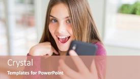  Presentation with swimming beautiful girl swims underwater - Colorful presentation theme enhanced with beautiful young girl kid sending a message using smartphone with surprise face pointing finger to himself backdrop and a coral colored foreground