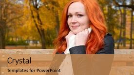  Presentation with fall season - Presentation having beautiful young girl portrait sit on bench in park yellow leaves at fall season redhead long hair background and a coral colored foreground