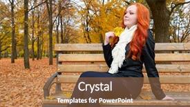  Presentation with fall season - Slide deck with beautiful young girl portrait sit on bench in park with yellow leaf in hand fall season redhead long hair background and a coral colored foreground