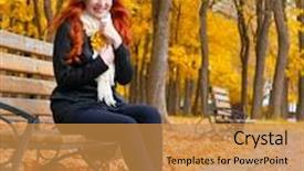  Presentation with fall season - Amazing PPT layouts having beautiful young girl portrait sit on bench in park with yellow leaf in hand fall season redhead long hair backdrop and a gold colored foreground