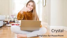  Presentation with cheerful stylish city girl using - PPT theme featuring beautiful young girl studying using background and a lemonade colored foreground