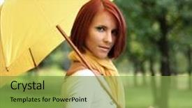  Presentation with under umbrella - Cool new slides with beautiful young girl under yellow umbrella backdrop and a seafoam green colored foreground