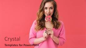 Presentation with lollipop - Presentation design featuring beautiful young girl wearing casual clothes standing isolated over pink backgound eating lollipop background and a coral colored foreground