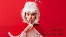  Presentation with beautiful young girl red - Beautiful theme featuring beautiful young girl wearing red christmas costume standing isolated over red background showing silence gesture backdrop and a crimson colored foreground
