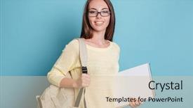  Presentation with notebook - Slides enhanced with beautiful young girl with bagpack background and a  colored foreground