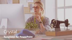  Presentation with factory machine - Amazing PPT layouts having beautiful young girl in a factory with a sewing machine at the table backdrop and a coral colored foreground