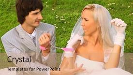  Presentation with handcuffed - Slide deck having two hand holding chain - beautiful young groom and bride background and a coral colored foreground