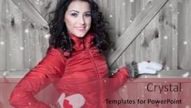  Presentation with snow flakes - PPT layouts enhanced with beautiful young happy smiling woman wearing winter jacket and gloves covered with snow flakes christmas portrait concept background and a red colored foreground