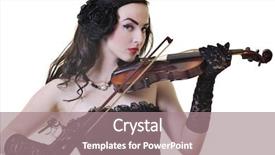  Presentation with music instrument - Audience pleasing presentation consisting of beautiful young happy woman play violin music instrument isolated on white backdrop and a coral colored foreground
