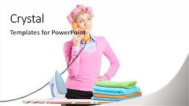  Presentation with ironing - Audience pleasing presentation design consisting of beautiful young houswife with hair rollers and a telephone standing next to an ironing board backdrop and a white colored foreground