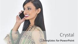 Presentation with indian traditional - PPT theme enhanced with beautiful young indian woman in traditional wear attending phone call over gray background background and a white colored foreground