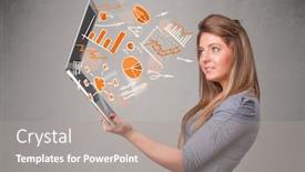  Presentation with statistics - Colorful presentation enhanced with beautiful-young-lady-holding-laptop backdrop and a gray colored foreground