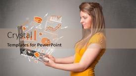  Presentation with steampunk lady - Slides with beautiful young lady holding laptop with graphs and statistics background and a coral colored foreground